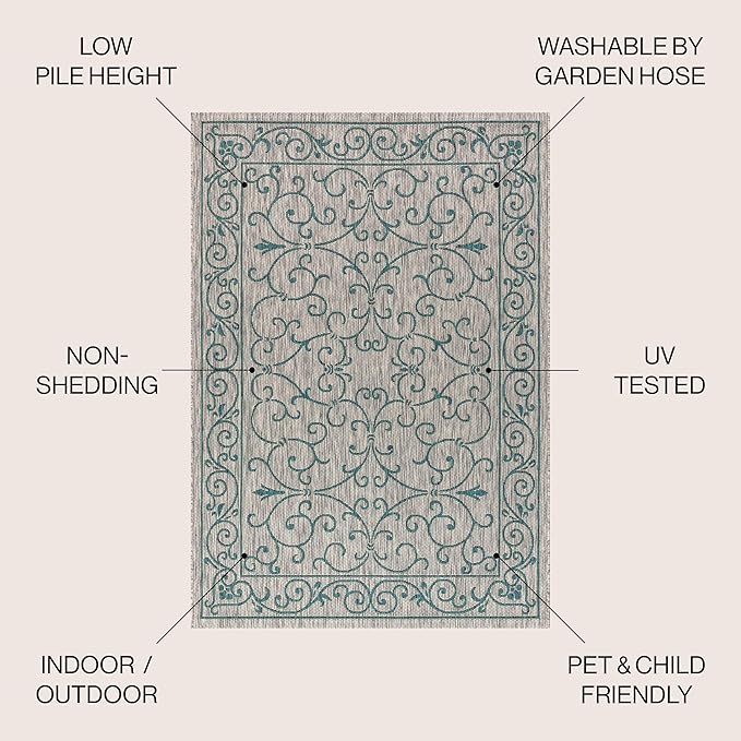 JONATHAN Y Vintage Filigree Indoor Outdoor Round Area Rug 5 Ft Gray/Teal, Charleston Textured Weave for Backyard, Patio, Porch, Easy-Cleaning, High Traffic, Pet-Friendly, Non-Shedding (SMB106E-5R)