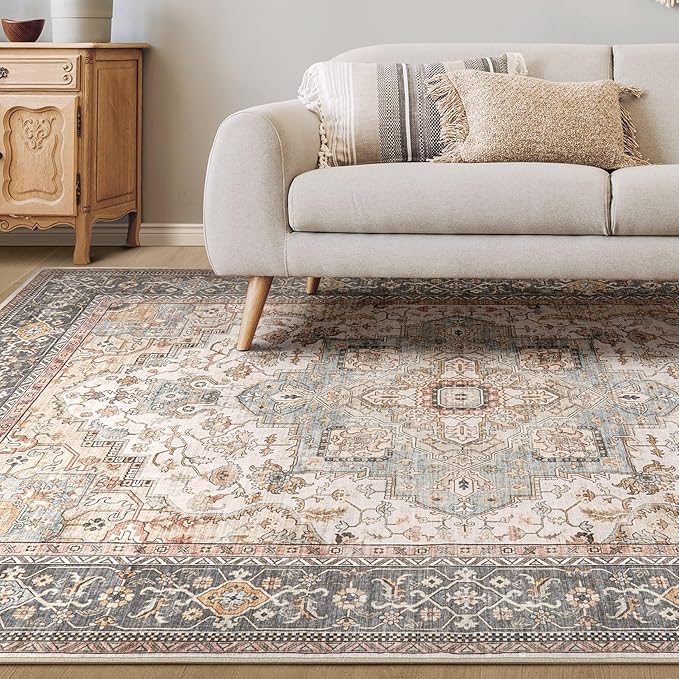 Washable Area Rugs for Living Room -10x13 Neutral Vintage Distressed Floral Farmhouse Boho Large Soft Floor Rug Indoor Non Slip Carpet for Living Room Bedroom Dining Room Office - Forest Green Orange