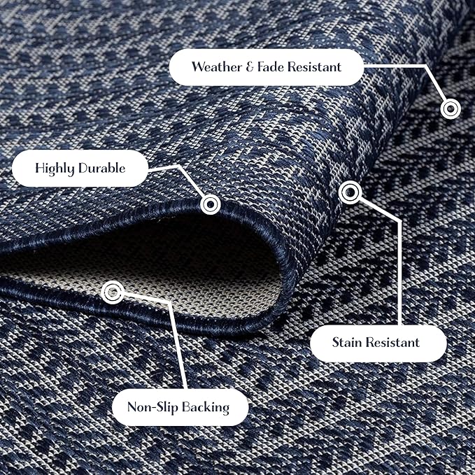 Adiva Rugs Outdoor Indoor Area Rug, Weather Resistant, Easy to Clean, Stain Resistant Floor Mat for Dining Room, Backyard, Deck, Patio (Navy Weiss, 8' x 10')