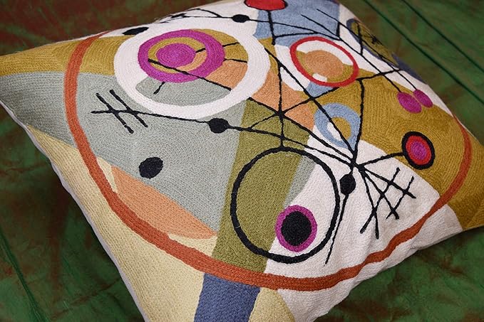 Kandinsky Abstract Throw Pillow Cover - Circles | Modern Couch & Outdoor Pillow | Mid Century Chair Cushions | Handmade Wool Size 18x18