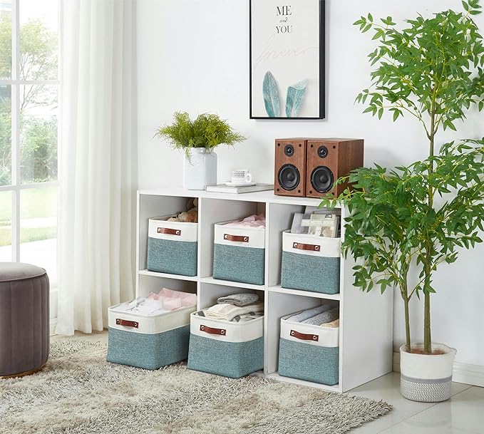 DECOMOMO Storage Bins Fabric Storage Baskets for Shelves, Linen Closet Organization Toys Nursery (Green and White, Large - 4 Pack)