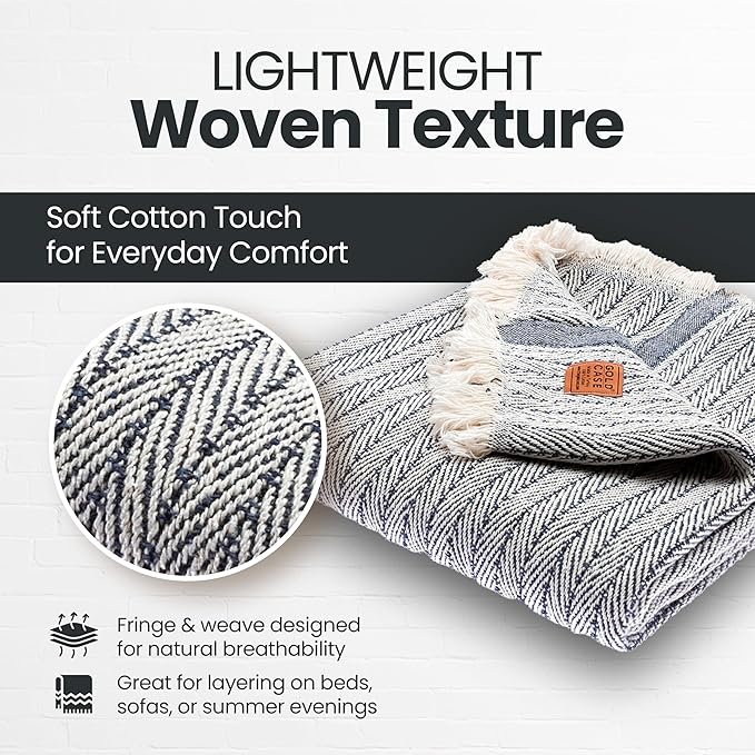 Gold Case Throw Blanket for Couch – 100% Recycled Turkish Cotton Blankets & Throws – Elegant Decorative Throw Blankets for Living Room Sofa – Woven Throws for Couch – Vintage Navy Blue – 60x80