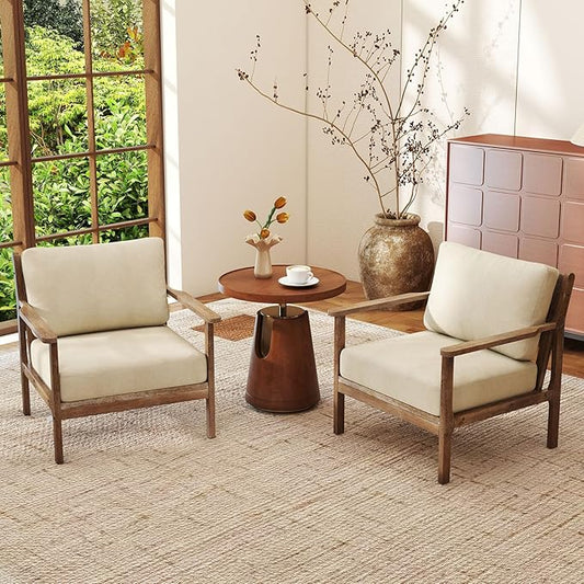 Giantex Mid Century Modern Accent Chair Set of 2, Wooden Arm Chair w/Solid Wood Frame, Removable Seat Cushion & Pillow, Vintage Comfy Reading Chair for Living Room, Bedroom, Study