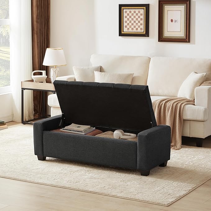 48" Ottoman with Storage, Storage Ottoman Bench with Safety Hinge, Upholstered Entryway Bench with Seating for Bedroom, Living Room, Holds up to 330 lb, Dark Gray