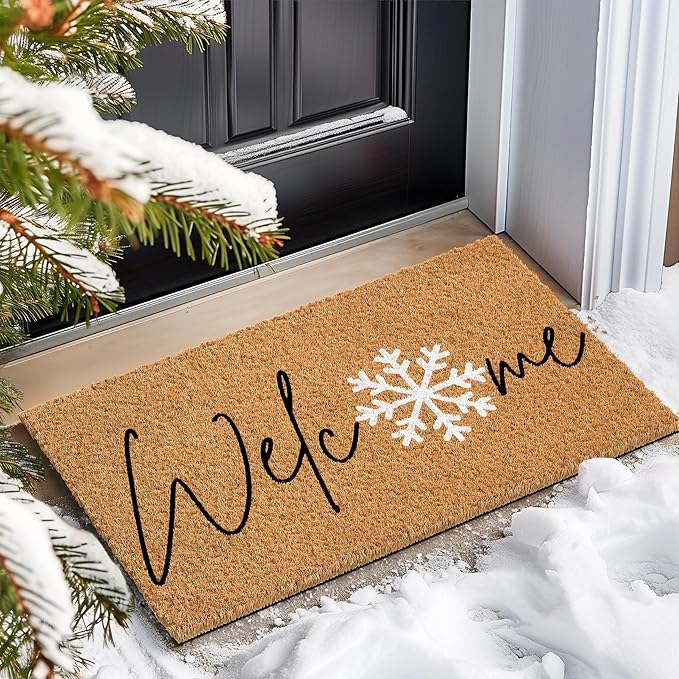 Barnyard Designs Natural Coco Coir Christmas Doormat - Large Cute Non-Slip Heavy Duty Backing Door Mat for Outside Entrance or Porch Entry, Brown (17x30, Winter Snowflake)