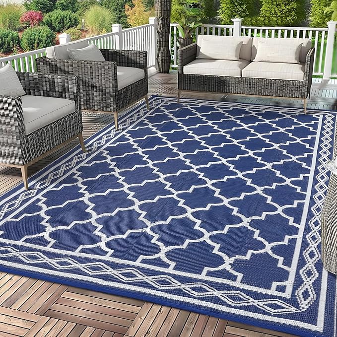GAOMON Outdoor Rug for Patio 5'x8' Reversible Plastic Rugs Camping Mat for Outdoor, RV, Backyard, Deck, Balcony, Picnic, Beach, Navy/White(Geometric)