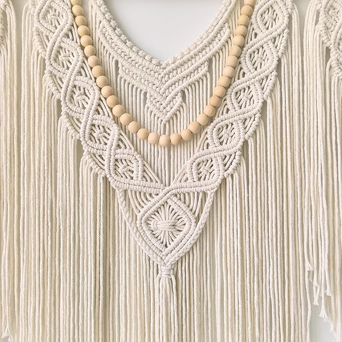 large macrame wall hanging - Boho Tapestry Macrame Wall Decor Art- Chic Bohemian Handmade Woven Tapestry Home Decoration for Bedroom Living Room Apartment Wedding Party - 43"x32" (Beige-Wood Bead)