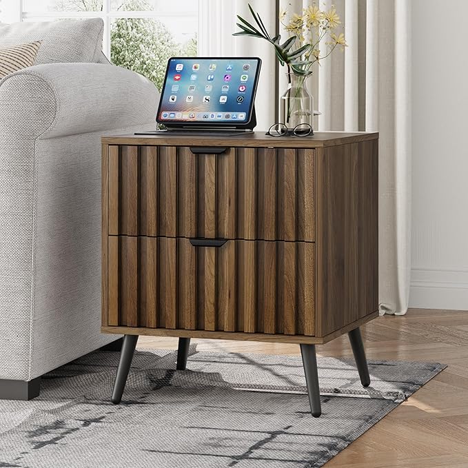 Smuxee Walnut Wooden Night Stand, Mid Century Nightstand with 2 Fluted Drawers, Bedside Table with Metal Feet, Modern End Side Table for Bedroom