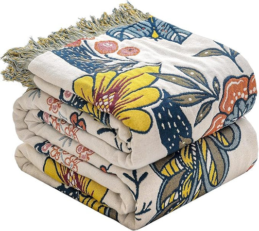 Boho Large Throw Blanket for Bed -100% Cotton Colorful Bed Throw, Ultra Soft Farmhouse Decor Bedding,80" x 90" Travel Blanket Rustic Throw for Picnic Sofa Couch Chair White&Blue