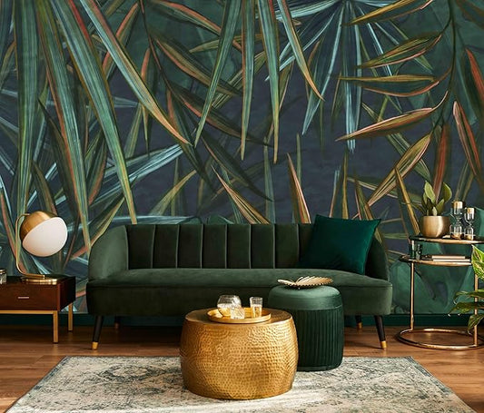 Dark Tropical Palm Leaf Wallpaper Mural Oil Painting Style Abstract Leaves Wall Mural (Not Peel and Stick)