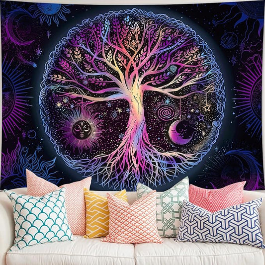FORATER Tree of Life Tapestry Wall Hanging Colorful Life Tree Tapestries Aesthetic Sun and Moon Galaxy Wall Tapestry for Bedroom Living Room Dorm(53 x 61 Inch, Multicolor)