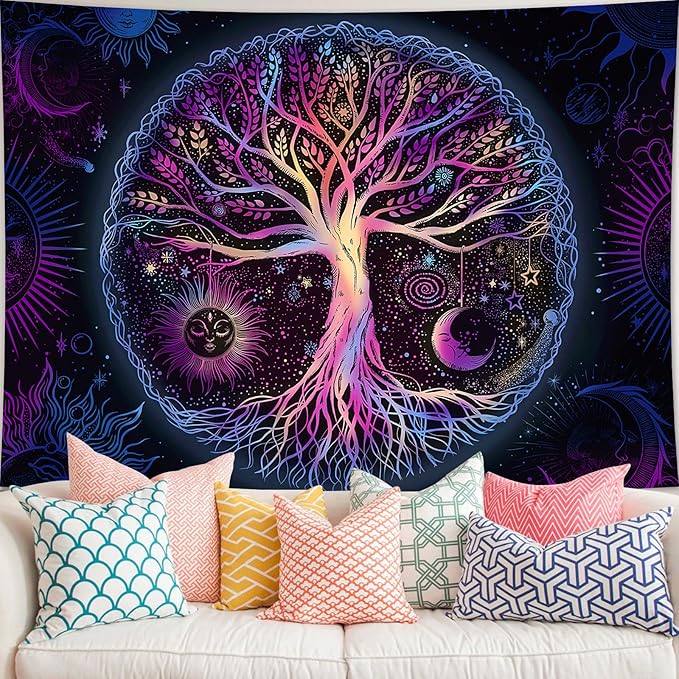FORATER Tree of Life Tapestry Wall Hanging Colorful Life Tree Tapestries Aesthetic Sun and Moon Galaxy Wall Tapestry for Bedroom Living Room Dorm(36 x 48 Inch, Multicolor)