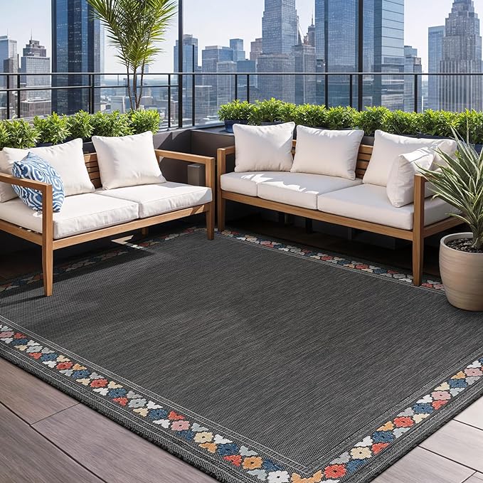 Beverly Rug Outdoor Rug 8x10 Modern Bordered Area Rugs for Indoor and Outdoor Patio Easy to Clean Non Shedding Living Room Porch Garden Washable Outside Carpet (8 x 10 Dark Gray)