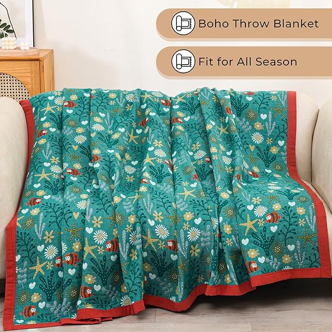 Boho Throw Blanket 80''x90'',100% Cotton Blankets for Couch Bed,Cotton Quilt Travel Muslin Blankets Farmhouse Home Decor Soft Lightweight Picnic Blanket