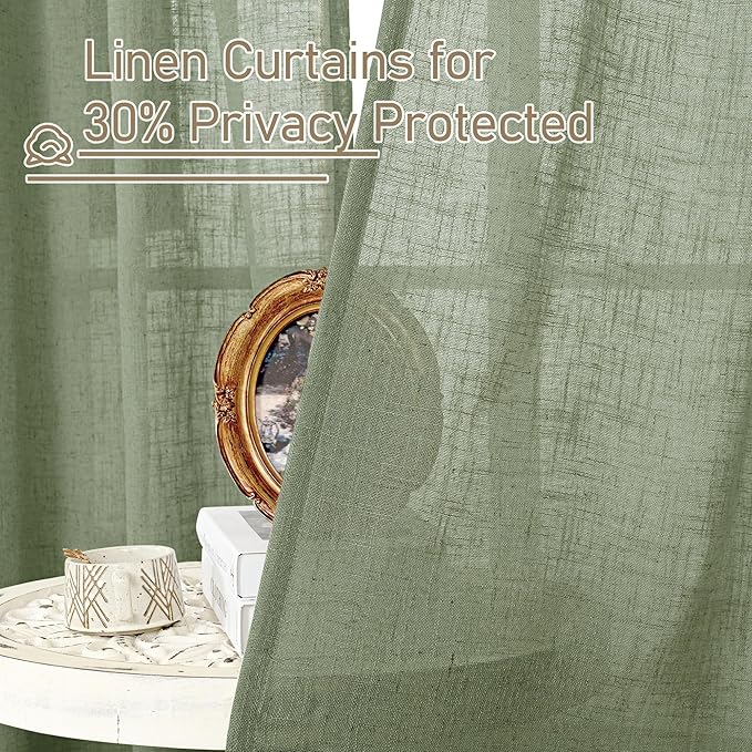 LAMIT Small Linen Curtains 2 Panels Set for Bebroom, 45 inches Long Soft Thick Light Filtering Bronze Grommet Window Textured Neutral Sheer Drapes for Kitchen/Loft Room, 52 x 45 Inch, Sage Green