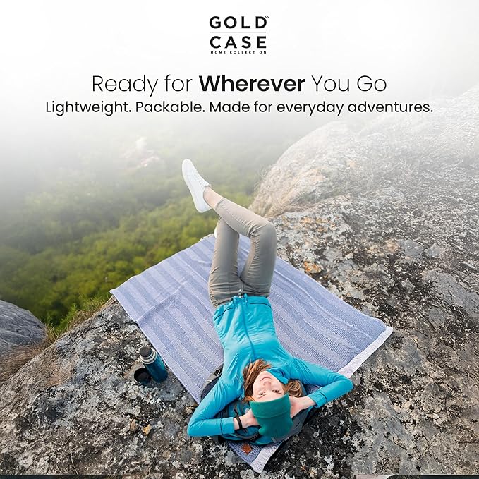 Gold Case Throw Blanket for Bed – 100% Recycled Turkish Cotton Bed Blanket – Decorative Throw Cotton Blankets for Living Room & Bedroom – Elegant Navy Blue Woven Queen Blankets – 90x90