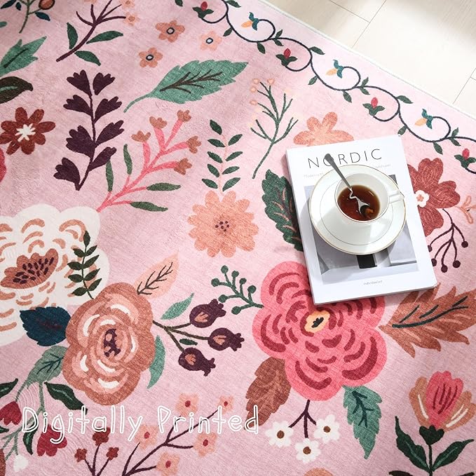 Door Mat Indoor Entrance 2x3 Rug Machine Washable Boho Floral Small Area Rug Non-Slip Low Pile Throw Rugs for Entryway, Kitchen, Front Door Indoor Entrance, Entry, Kids Room (Pink)