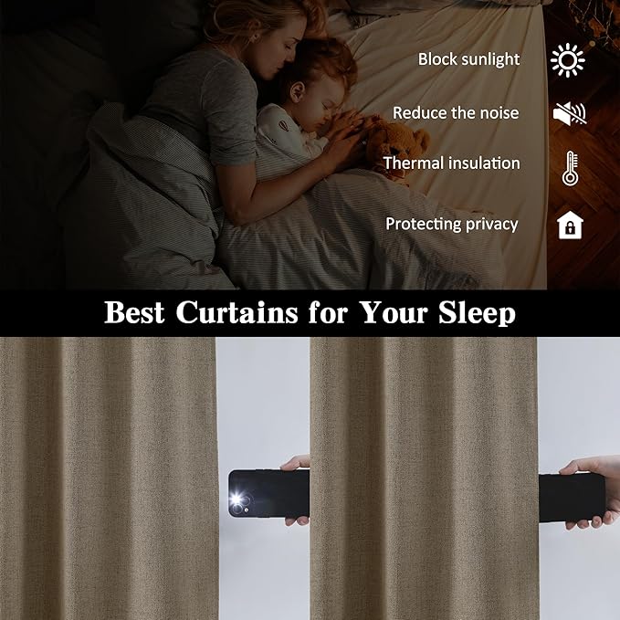 RAIN CITY Linen Brown Blackout Curtains 144 Inch Long 12ft Pleated Look Hidden Tab Drapes with Hooks 2 Story Linen Blend Sound Reducing Wall Tall Curtains for High Ceiling Long Window W50xL144