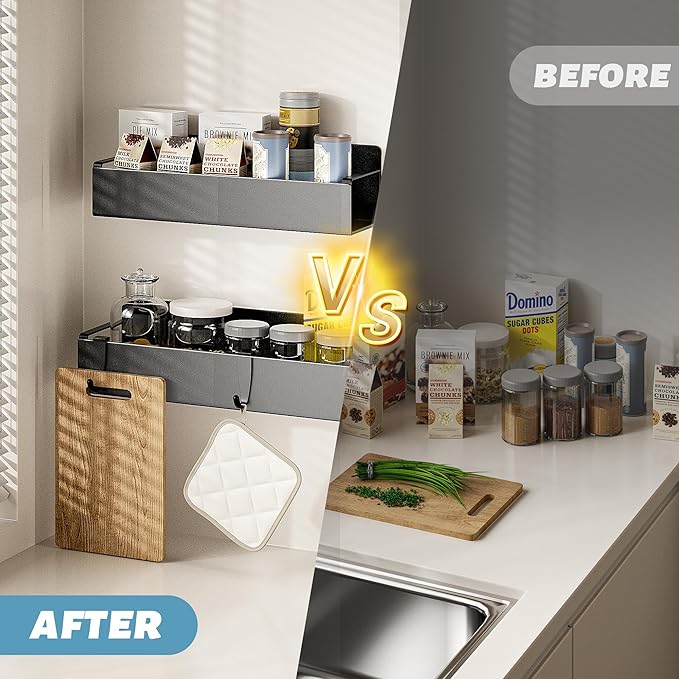 4 Pack Magnetic Spice Rack for Refrigerator, Black Magnetic Shelf for Kitchen Organizer and Storage, Mini Organizers for Oven and Fridge with 4 Hooks