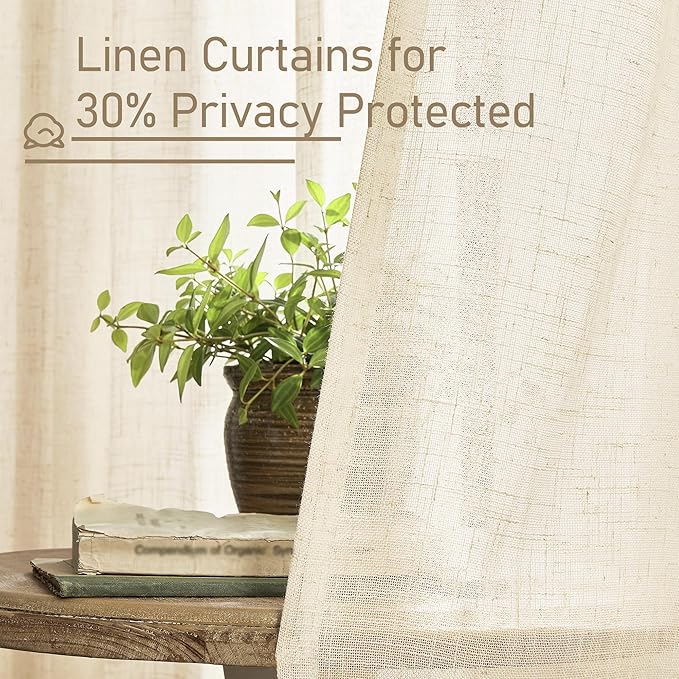 LAMIT Semi Sheer Linen Curtains for Living Room, 80 Inch Length, Light Filtering Panels Bronze Grommet Faux Linen Textured Window Drapes for Bedroom/Porch, Beige, 52 x 80 Inch, 2 Panels