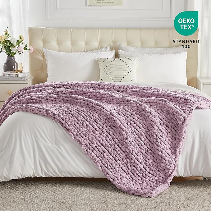Carriediosa Chunky Knit Throw Blanket 50" X 60", 100% Hand Made Large Chenille Loop Yarn Soft Fluffy Throws for Couch Sofa Bed, Big Crochet Cozy Heavy Thick Cable Woven Blankets, Purple
