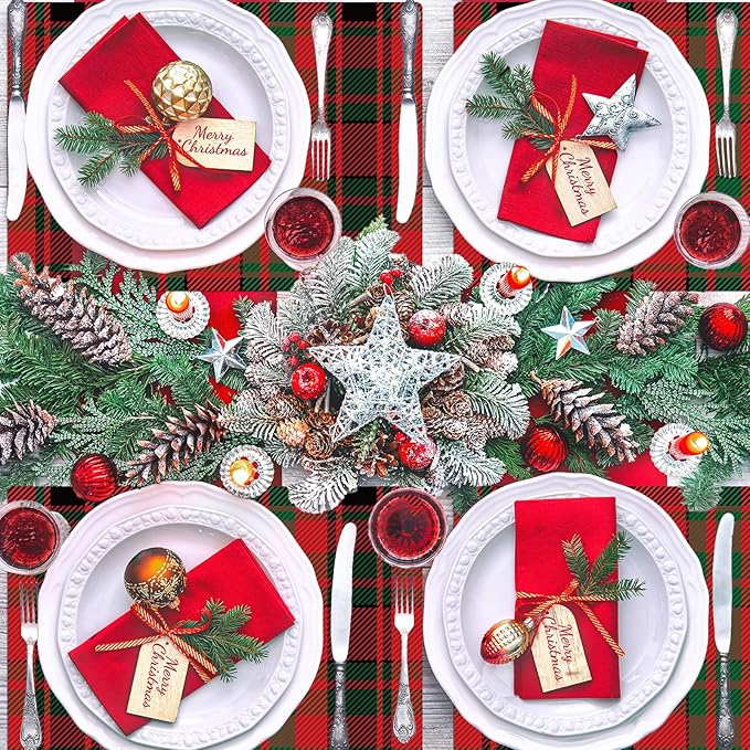 Christmas Placemats Set of 6 Red and Green Plaid Plastic Table Mats Recyclable Place Mats Washable Farmhouse Holiday Table Decoration for Indoor Outdoor Christmas Party Kitchen Dining