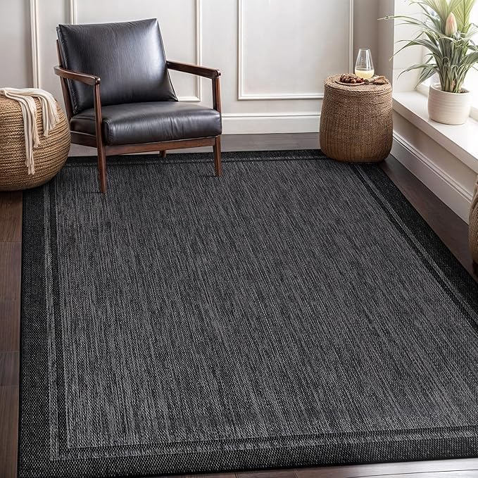 CAMILSON Indoor Outdoor Rug, 10x14 Bordered Dark Grey Black Modern Large Area Rugs for Indoor and Outdoor Patios, Kitchen and Hallway Mats, Washable Porch Deck Outside Carpet (Bordered Black, 10 x 14)