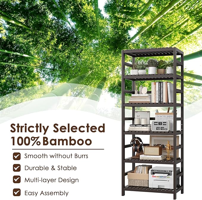 FOTOSOK 6-Tier Bamboo Shelf, Bamboo Bookcase with Adjustable Shelves, Free Standing Storage Shelf Unit, Plant Flower Stand for Kitchen, Bathroom, Home Office, Vintage