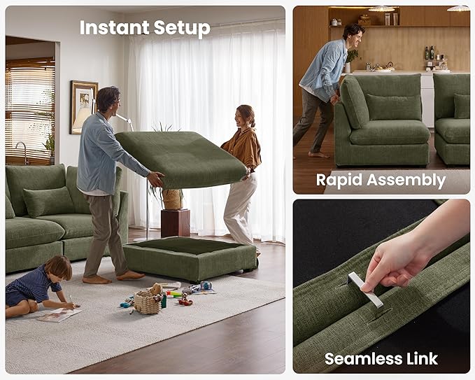 Oversized Modular Sofa, Extra Deep Cloud Chenille Sectional Couch with Ottoman Chaise, Fluffy Chenille 5 Seater Sofa Bed for Living Room, Villa (L Shape 5 Seater, Chenille Green)