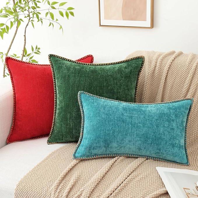 decorUhome Chenille Soft Throw Pillow Covers 26x26 Set of 2, Farmhouse Velvet Neutral Decorative Euro Pillow Covers with Stitched Edge for Couch Sofa Bed Home Decor, Turquoise