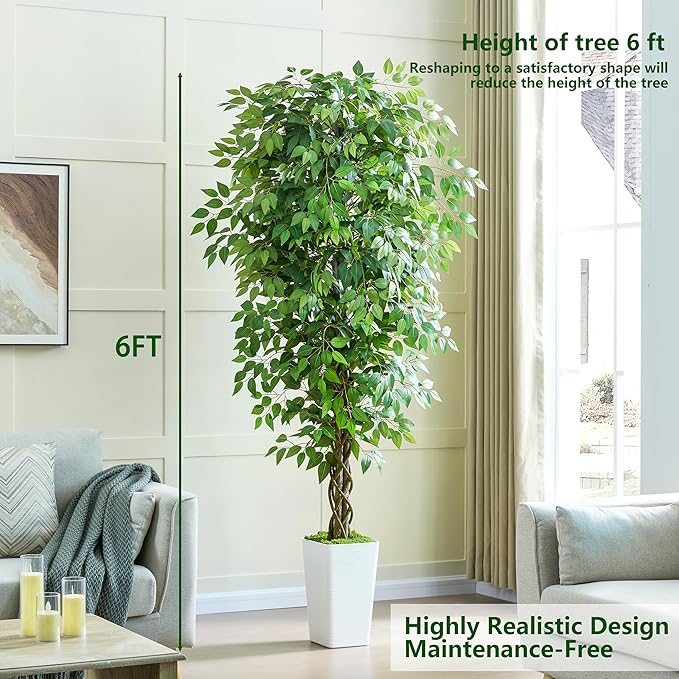 Artificial Ficus Tree 6FT Faux Plants Indoor Tall Fake Plants with White Planter, Green Lifelike Lush Fake Ficus Tree for Home Living Room Bedroom Outdoor Balcony House Office Decor