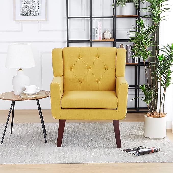 Accent Chair Button-Tufted Upholstered Living Room Chairs Comfy Reading Chair Mid Century Modern Chair with Linen Fabric Lounge Arm Chairs for Living Room Bedroom (Bright Yellow)