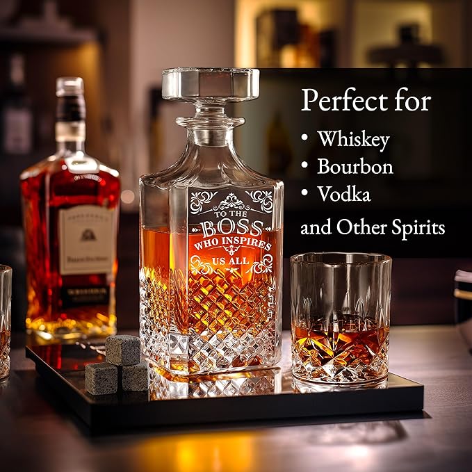 Luxury Gift For Boss - Boss Who Inspires Us All - Unique Engraved Whiskey Decanter Set For The Leader or Dad Christmas, Birthday Gift – 4 Whiskey Glasses And Decanter Set for Whisky, Bourbon Ets.