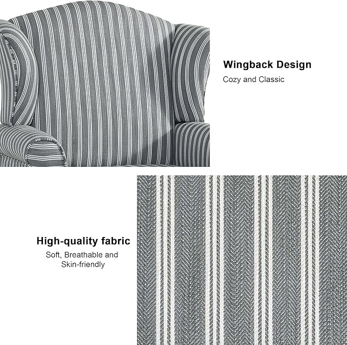 Accent Chair, High Back Upholstered Armchair with High Resilience Sponge & Wood Legs, Mid-Century Modern Comfy Single Sofa Reading Chairs for Living Room, Bedroom (Stripe Grey, Set of 1)