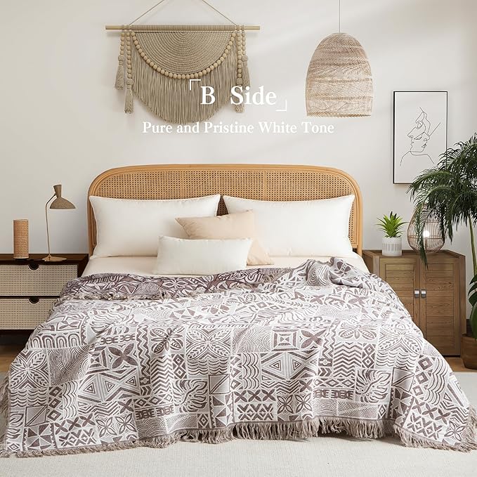 Boho Throw Blanket Twin Size, Soft Cozy Cotton Muslin Quilt Blanket for Bed Decor, Patchwork Block Couch Sofa Chair Cover, Vintage Farmhouse Cottage Tapestry Woven Blanket, Brown&White