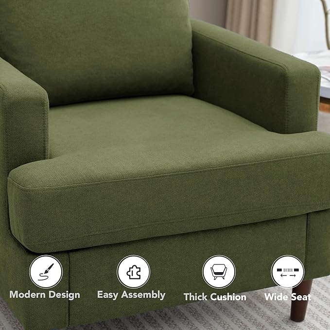 Mid-Century Accent Chair,Modern Linen Fabric Armchair for Living Room,Comfy Upholstered Reading Accent Chairs for Bedroom,Single Sofa Chair with Wood Legs (Green, 1 Pack)