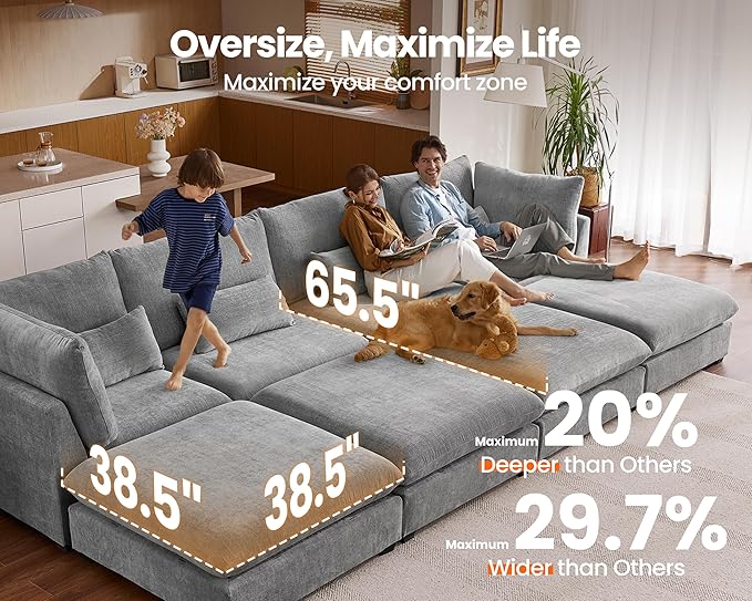 Oversized Modular Sofa, Extra Deep Cloud Chenille Sectional Couch with Ottoman Chaise, Fluffy Chenille 4 Seat L-Shaped Sofa for Living Room, Villa (L Shape 4 Seater, Chenille Grey)