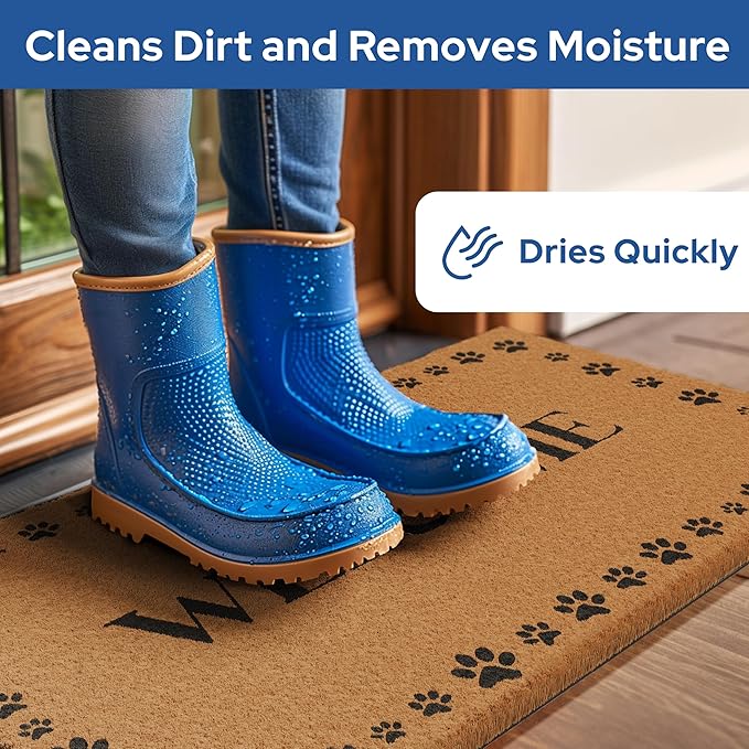 Barnyard Designs Natural Coco Coir Heavy Duty Backing Doormat - Large Cute Non-Slip Front Door Welcome Mat for Outside Entrance or Porch Entry, Brown (17x30, Welcome Paws)