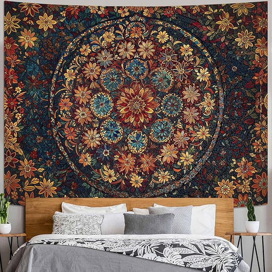 Fowocu Boho Floral Mandala Tapestry Wall Hanging Vintage Bohemian Flower Medallion Tapestry Aesthetic Orange Stained Glass Hippie Extra Large Tapestries for Bedroom Living Room Dorm Decor 90 x 68 Inch