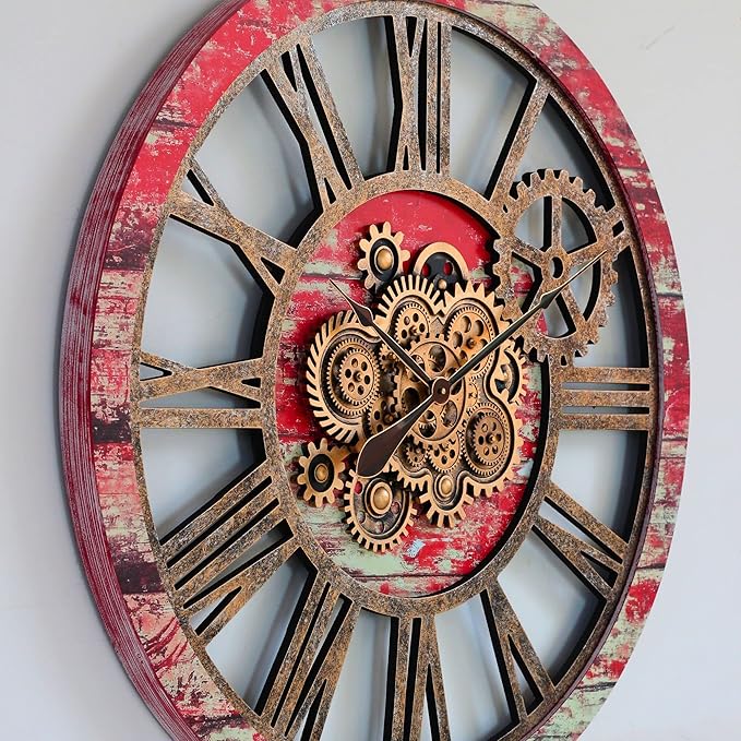 The Gears Clock 36'' Inch Real Moving Gear Wall Clock Vintage Industrial Oversized Rustic Farmhouse (Red Lava)