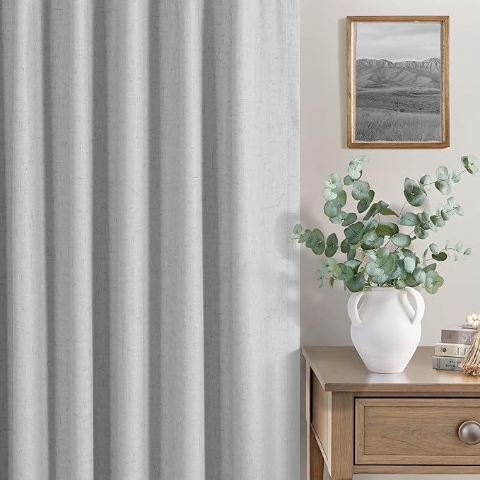 100 Percent Blackout Sliding Glass Door Curtains 120 Inches Long 2 Panels 10 FT Theater Floor to Ceiling Drape Linen Cotton Textured Luxury Curtains Farmhouse Black Out Light Grey Gray White Back Tab