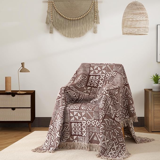 Boho Throw Blanket Full Size, Extra Large Soft Cozy Cotton Muslin Quilt Blanket for Bed Decor, Patchwork Block Couch Sofa Chair Cover, Vintage Farmhouse Cottage Woven Blanket, Brown&White