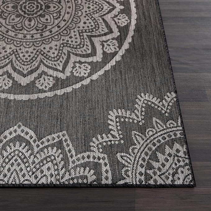 CAMILSON Outdoor Rug 6x9 Modern Area Rugs for Indoor and Outdoor Patios and Porches - Waterproof Washable Non-Shedding Easy-to-Clean Outside Carpet (6 x 9, Medallion - Dark Grey/Light Grey)