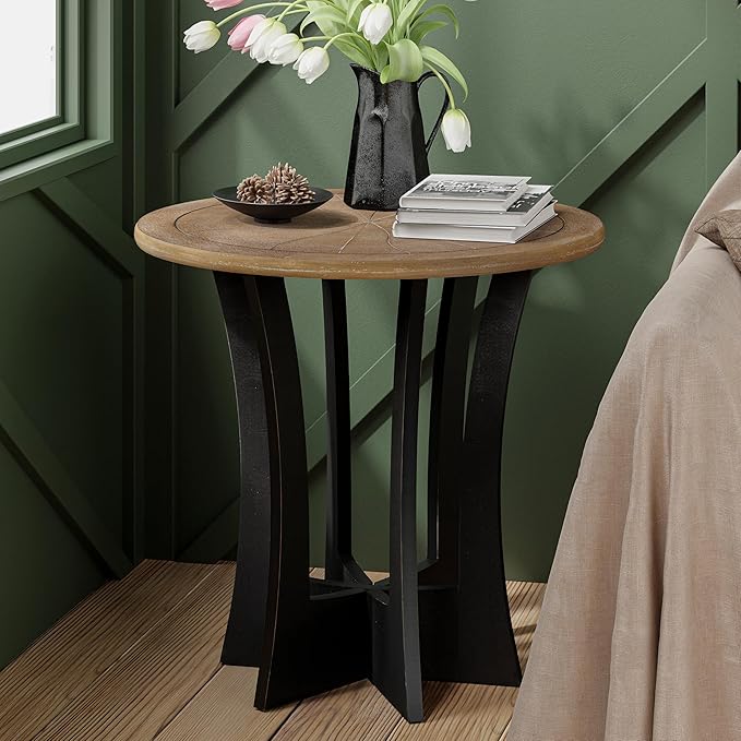 Farmhouse Round End Table X 2P with Criss-Cross Wood Legs, Rustic French Country Side Table for Dinning or Living Room, Modern, Black, Natural Wood