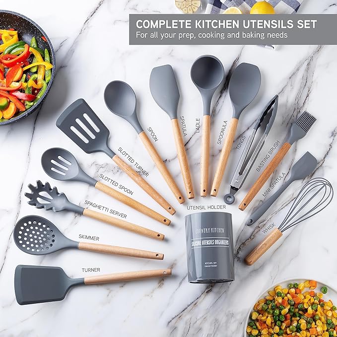 Country Kitchen Non Stick Silicone Utensil Set with Rounded Wood Handles for Cooking and Baking, 14 Piece Set, Gray