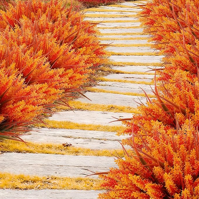 Geegoods Artificial Plants Flowers Outdoor – Faux Lavender Flowers with Monkey Grass UV Resistant Plastic Faux Plants for Garden Porch Window Patio Hanging Planter Home Decor (Autumn-red, 48PCS)