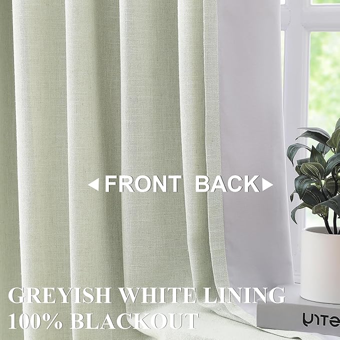 Vision Home Soft Green Pinch Pleated Full Blackout Curtains Linen Blended Room Darkening Curtain Panels 95 inch for Living Room Bedroom Thermal Insulated Pinch Pleat Drapes with Hooks 40" Wx95 Lx2