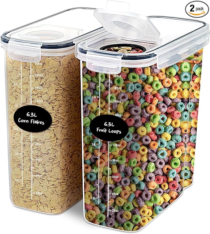 DWËLLZA KITCHEN Extra Large Cereal Containers Storage 6.3L - 213 fl. oz - 2 Pc Family Size Cereal Dispenser Countertop, Bulk Airtight Food Storage Containers for Pantry Organization Labels and Marker