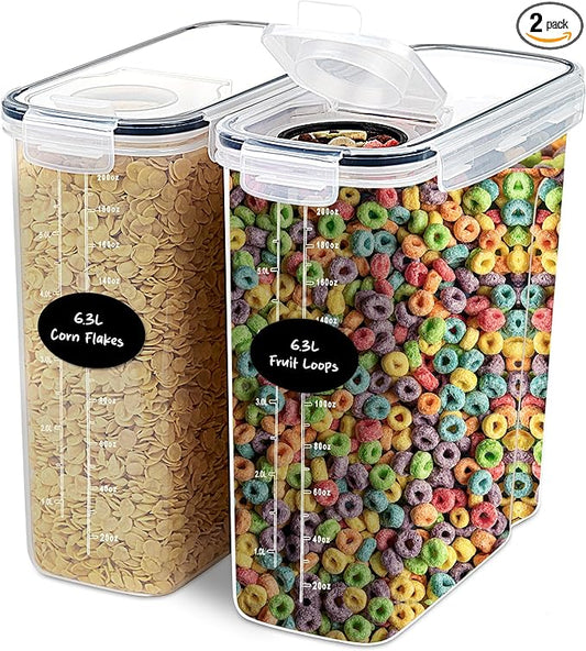 DWËLLZA KITCHEN Extra Large Cereal Containers Storage 6.3L - 213 fl. oz - 2 Pc Family Size Cereal Dispenser Countertop, Bulk Airtight Food Storage Containers for Pantry Organization Labels and Marker