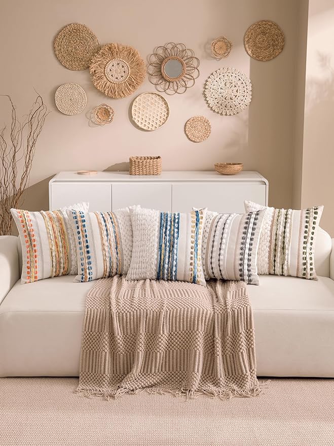 Boho Chenille Tufted Couch Throw Pillow Covers 18x18 Inch Set of 2 Farmhouse Striped Decorative Pillow Covers Accent Neutral Pillowcase Caramel Brown Blue Cushion Cover for Livingroom Sofa Bed